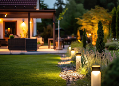 Completed residential landscape improvements at dusk